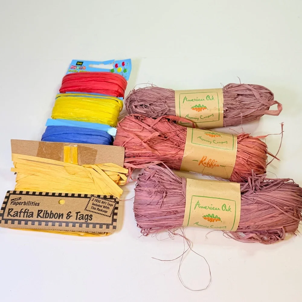 Mixed Raffia Ribbon Lot American Oak Natural Rose Lavender & Primary Paper Color